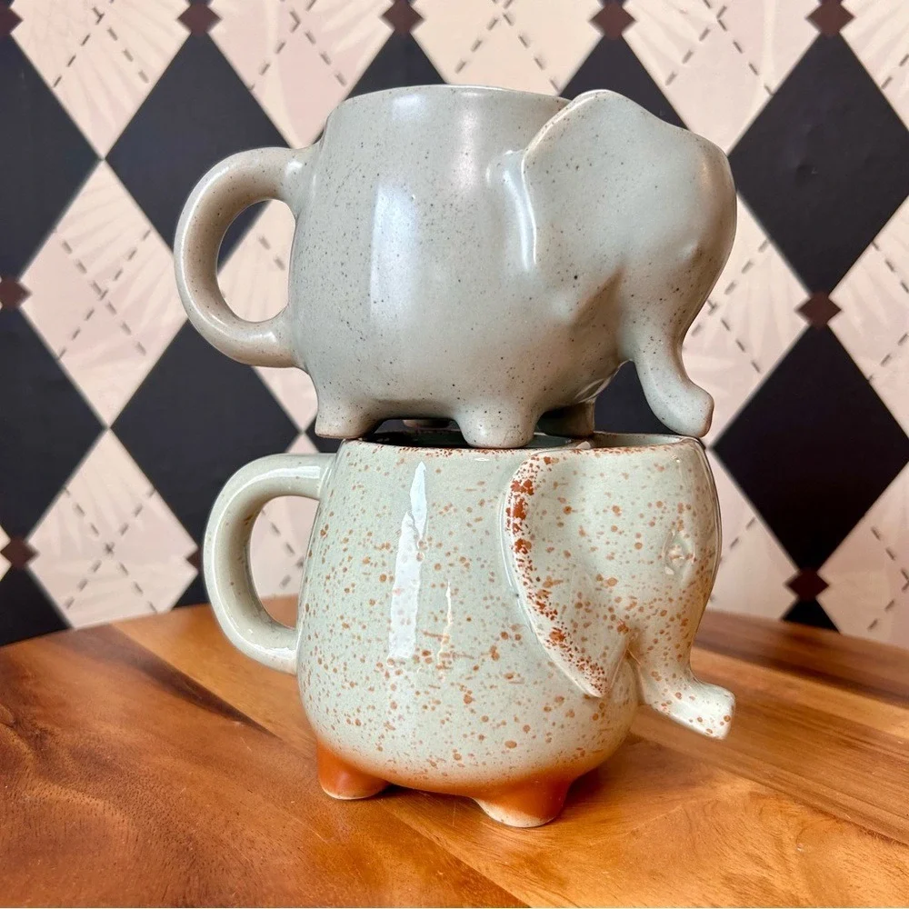 Elephant Ceramic Mugs Pair Pottery Cups with Tea Bag Holder‎ Pocket